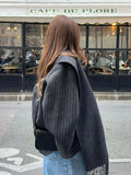 Fashion Striped Single Breasted Tassel Suit Jacket Women Elegant Long Sleeve Cropped Oversized Coats Office Lady High Streetwear