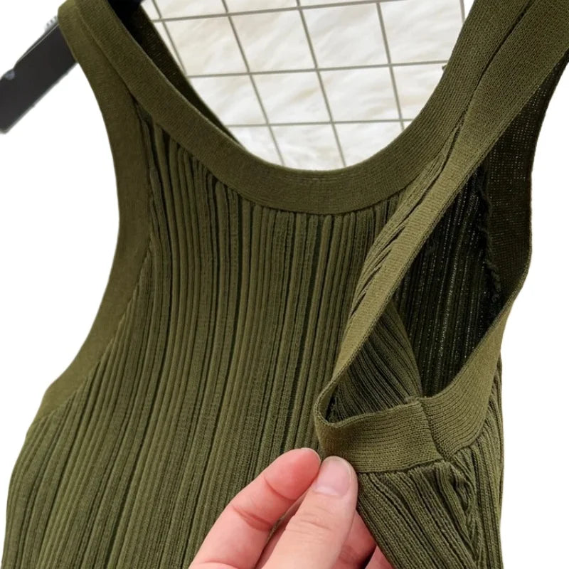 Women's Green Sleeveless Crew Neck Sundress Wave Textured Stretchy Knit Bodycon Maxi Dress Summer Daily Party Vacation Dress