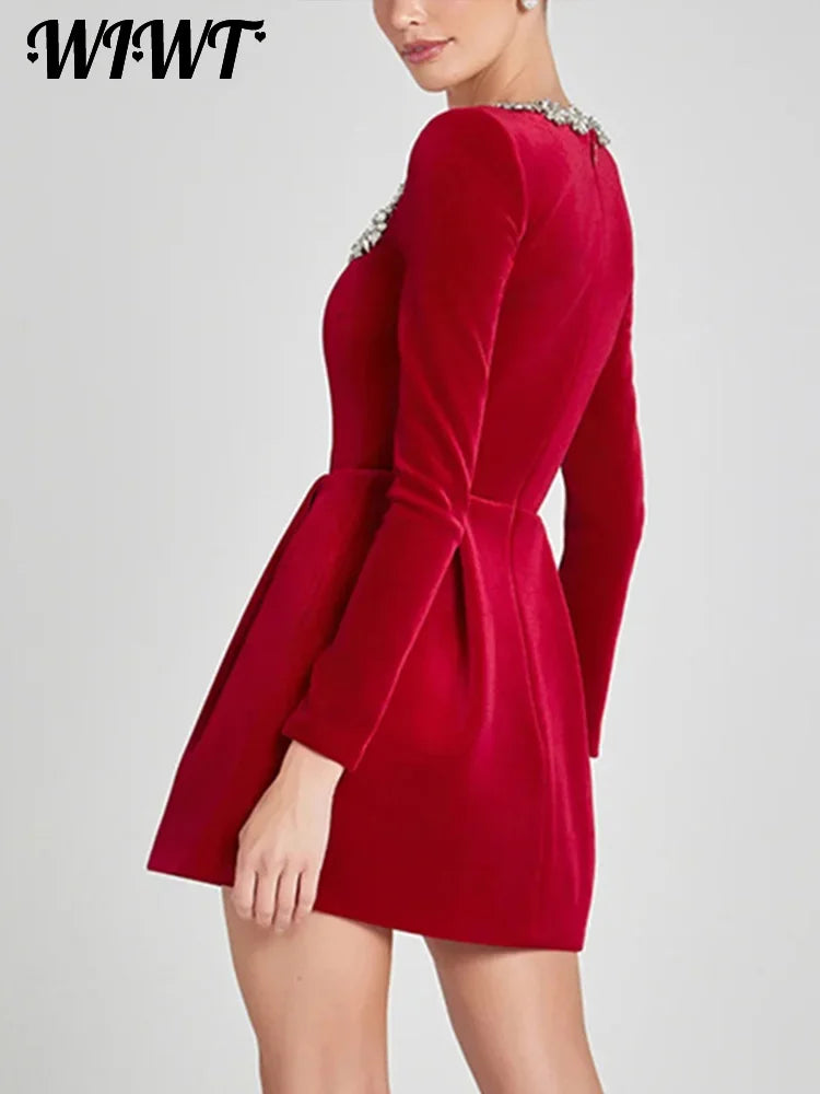Slim Rhinestone Square Collar Dress Women Elegant Velvet Long Sleeve High Waist A-line Mini Dresses 2025 New Lady Party Vestidos