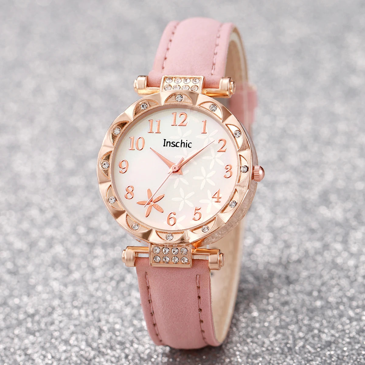 5PCs/Set Women's Flower Leather Quartz Watch Pink Bead Set