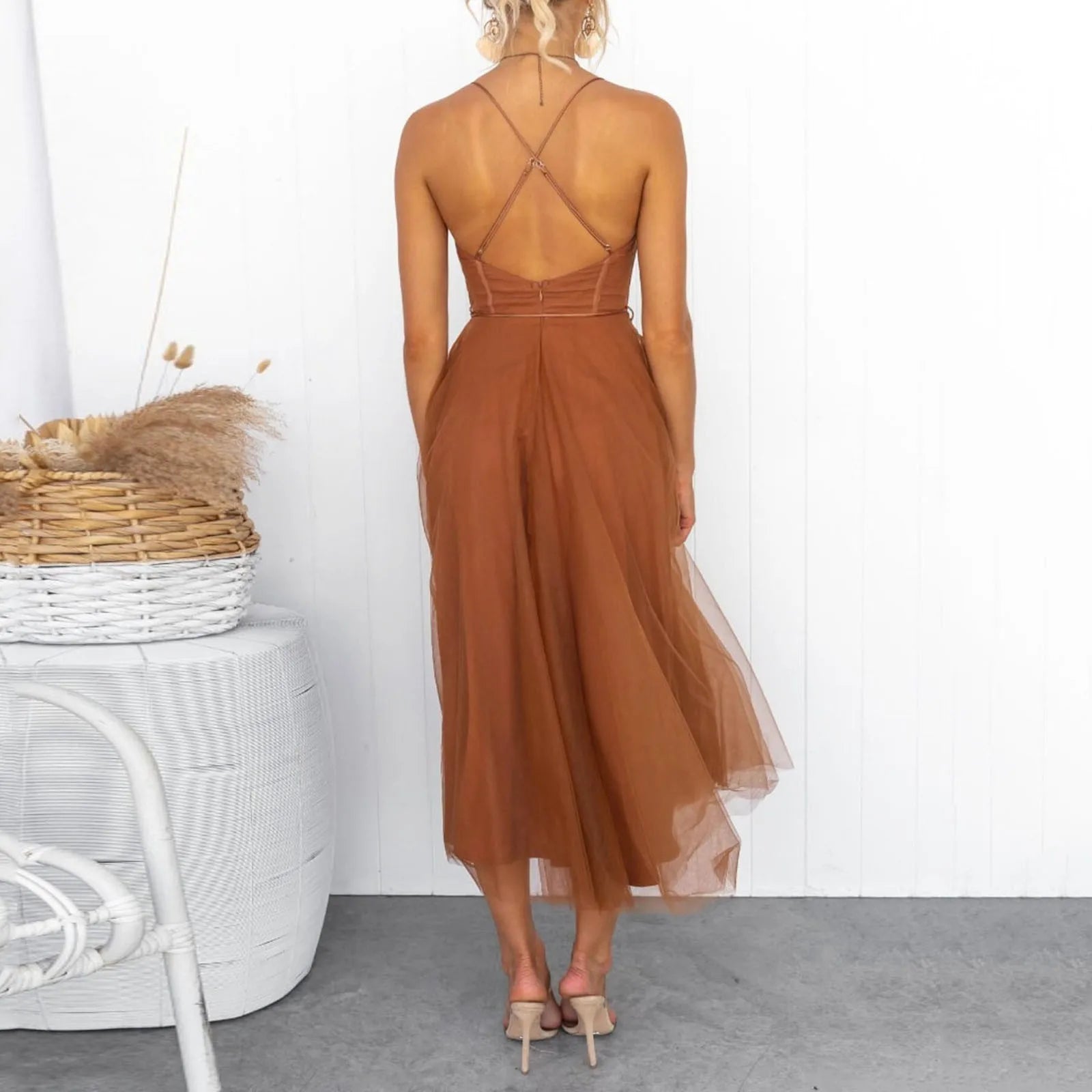 Sexy Spaghetti Strap Mesh Stitching Long Dress Women's Elegant Slim Fit Backless Drawstring Dress Ladies Evening Party Dress