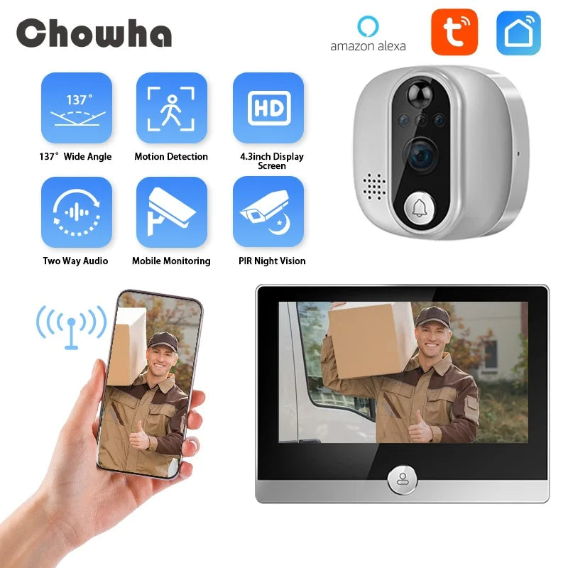 Tuya Video Doorbell 1080P WiFi Peephole Camera Door Bell PIR Cat Eye 4.3 Inch Home Digital Door Viewer for Security Protection