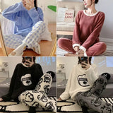 2PCS/Set thickened warm facecloth plus size women's pajamas long-sleeved autumn and winter warm cartoon bear coral fleece studen