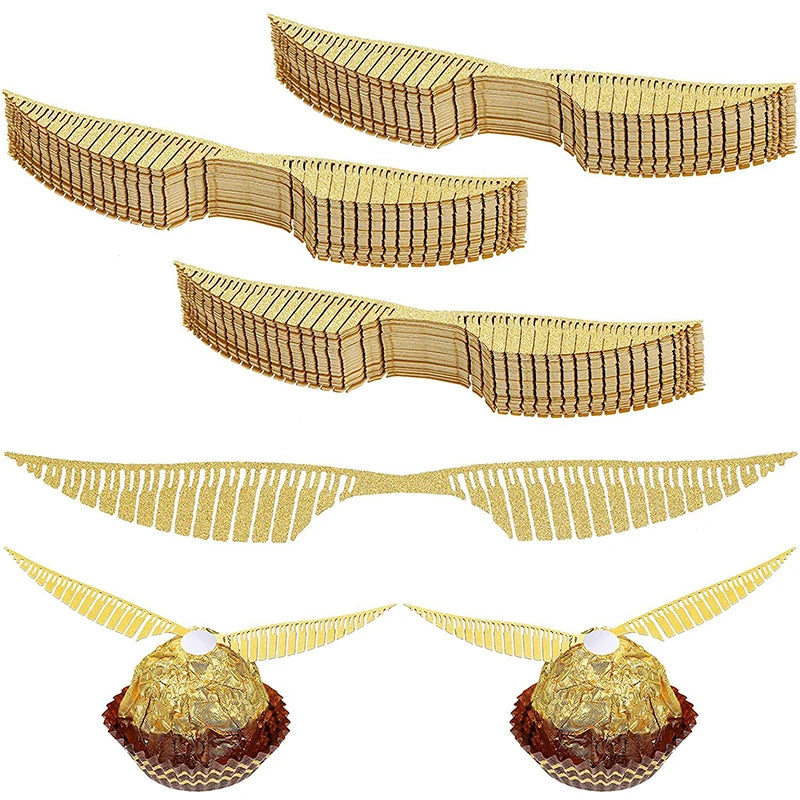 50Pcs/lot Wings Shape Chocolate Cake Party Gold Decoration Wizard Topper Golden Wing Cupcake Toppers Snitch Wedding Decor