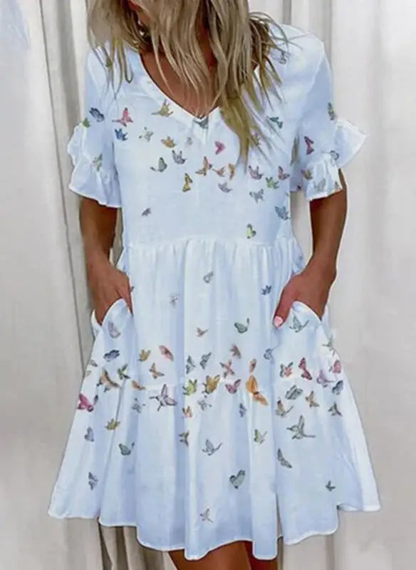 Women Summer Dress Casual V Neck Short Sleeve Butterfly Sleeve Floral Leaf Letter Print Mini Dresses Vestidos YSX9032