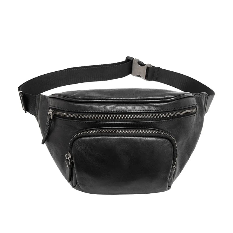 Men's Waist Bag Black Fashion Genuine Leather Chest Pack Belt Bag For Teenager Waterproof Men Fanny Pack New