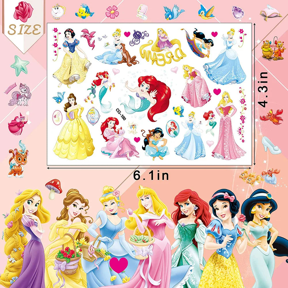 Disney Princess Tattoo Stickers Mermaid Snow White Aurora Princess Cartoon Stickers for Girls Birthday Party Baby Shower Supply