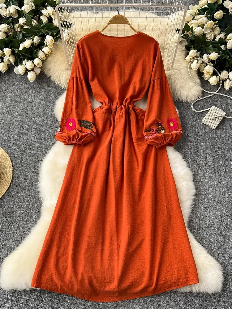2025 New Spring Autumn Vacation Retro Ethnic Embroidery Dress Lantern Long Sleeve Waist Bohemian Dress A157