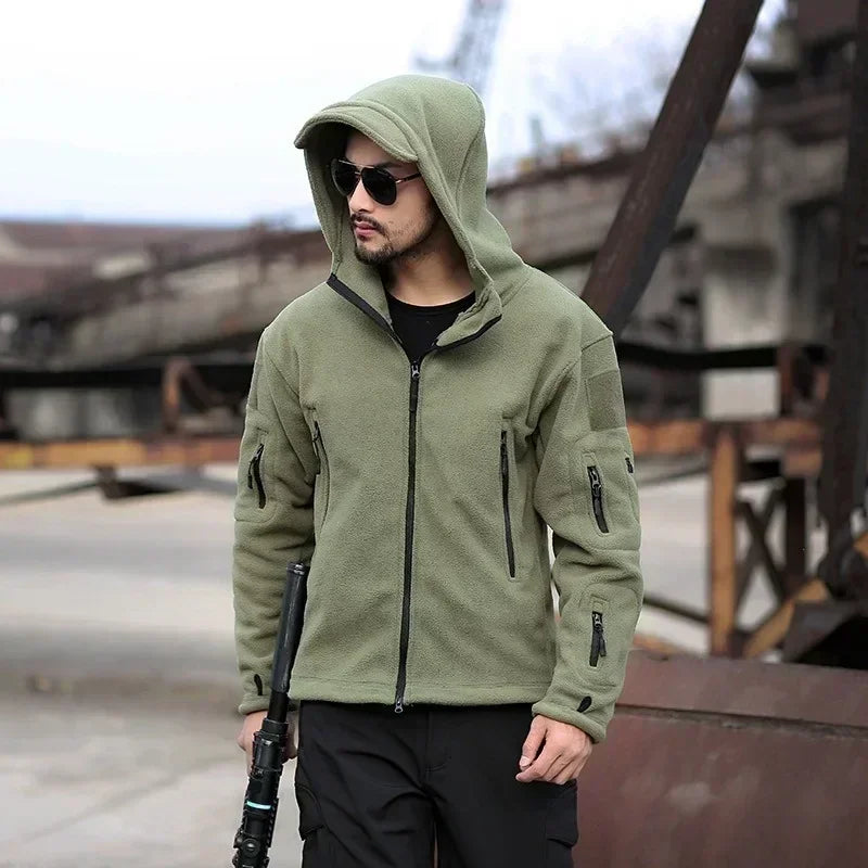 Winter Fleece Jacket Men's Military Tactical Jacket Solid Warm Fleece Coats with Hat Outdoor Sports Combat Hiking Polar Jacket