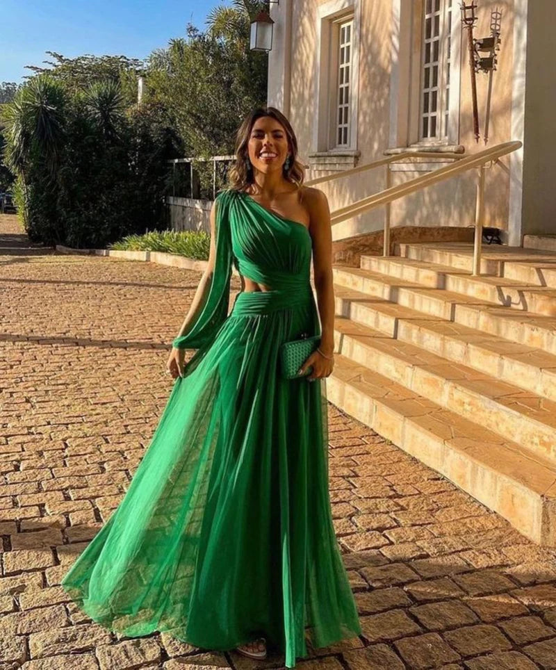 Fashion Green Ribbon Women Party Dress Sexy One Shoulder Hollow Out Evening Dresses Elegant Sleeveless Female Prom Vestidos Robe