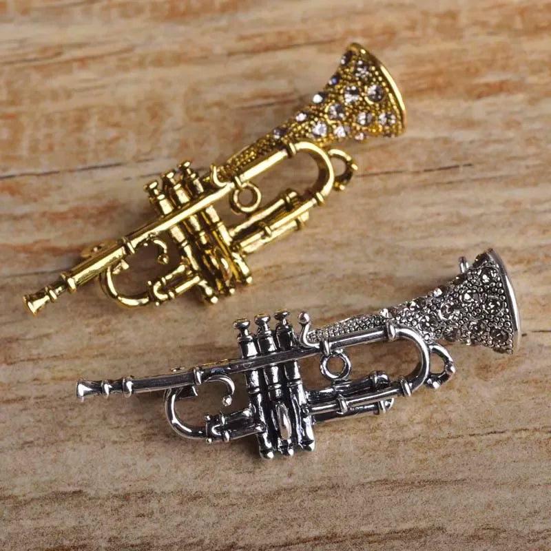 Blucome Vintage Saxophone Shape Brooches For Woman Musician Gift Crystal Antique Gold Color Musical Instrument Bro
