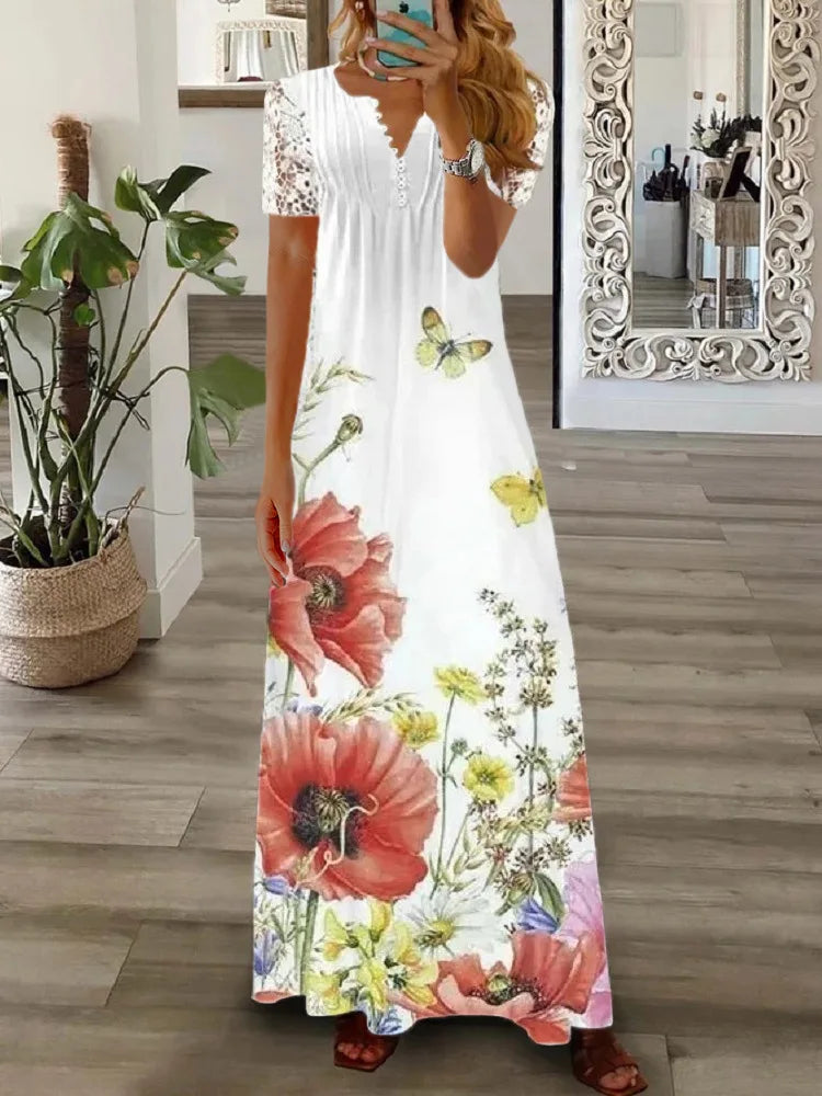 Woman Dress Superior Quality Summer Lace Sleeve V Neck A Line Solid Color Dresses Casual Vestidos Dropshipping JYFZ1690