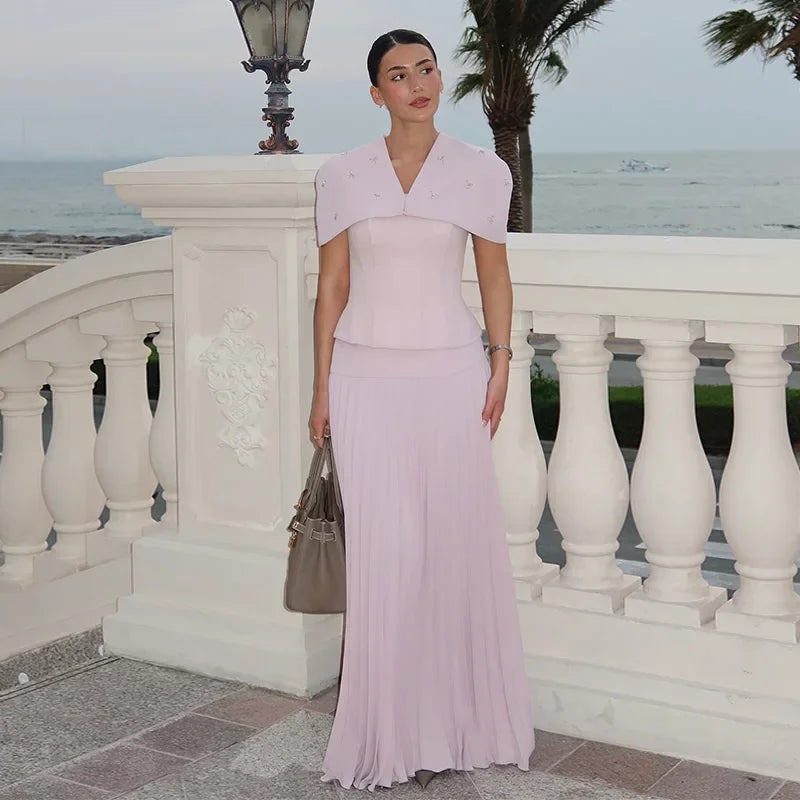Elegant Shawl Pleated Top Long Skirt Women Set Sleeveless Tops Diamond Shawl High Waist Fashion Evening Skirts Summer Lady Suit