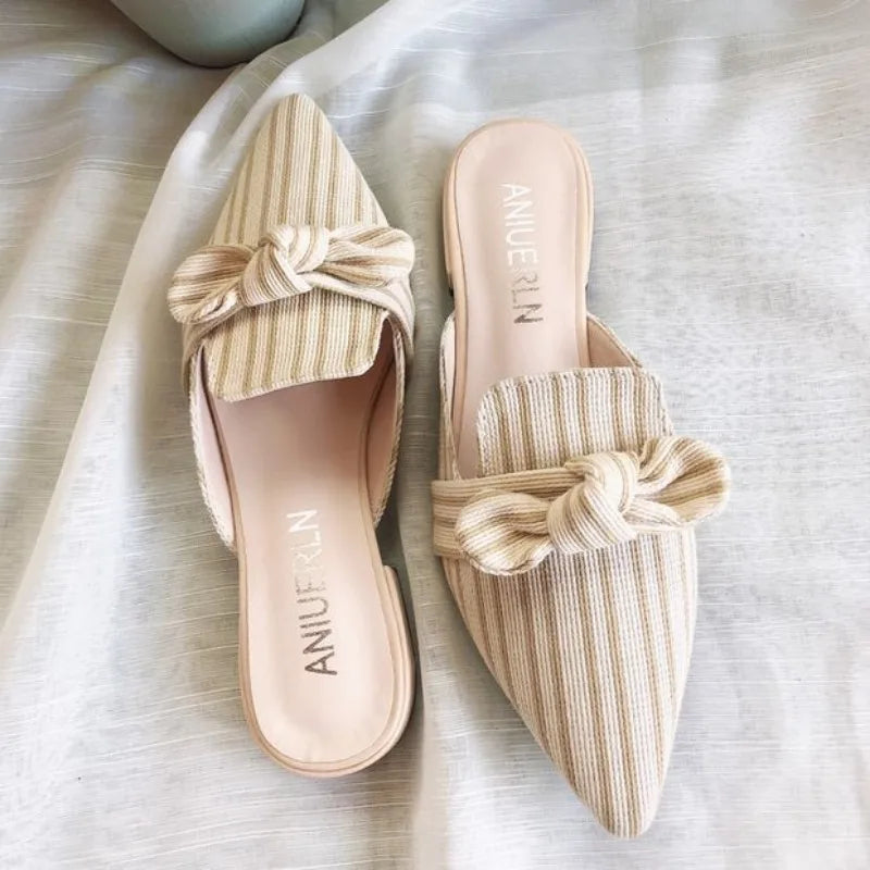 Shoes with Heel Mules Summer 2025 Beige Slides Plaid Bow Women's Slippers and Ladies Sandals Job Natural Skin I New Fashion