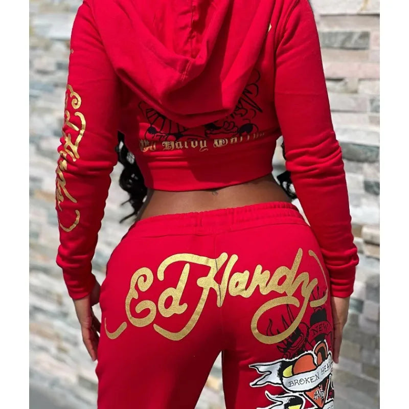 Fitness Women 2 Piece Set Zipper Fly Hooded Crop Jacket Casual Jogging Pants Matching Set 2023 Fall Winter Workout Tracksuits