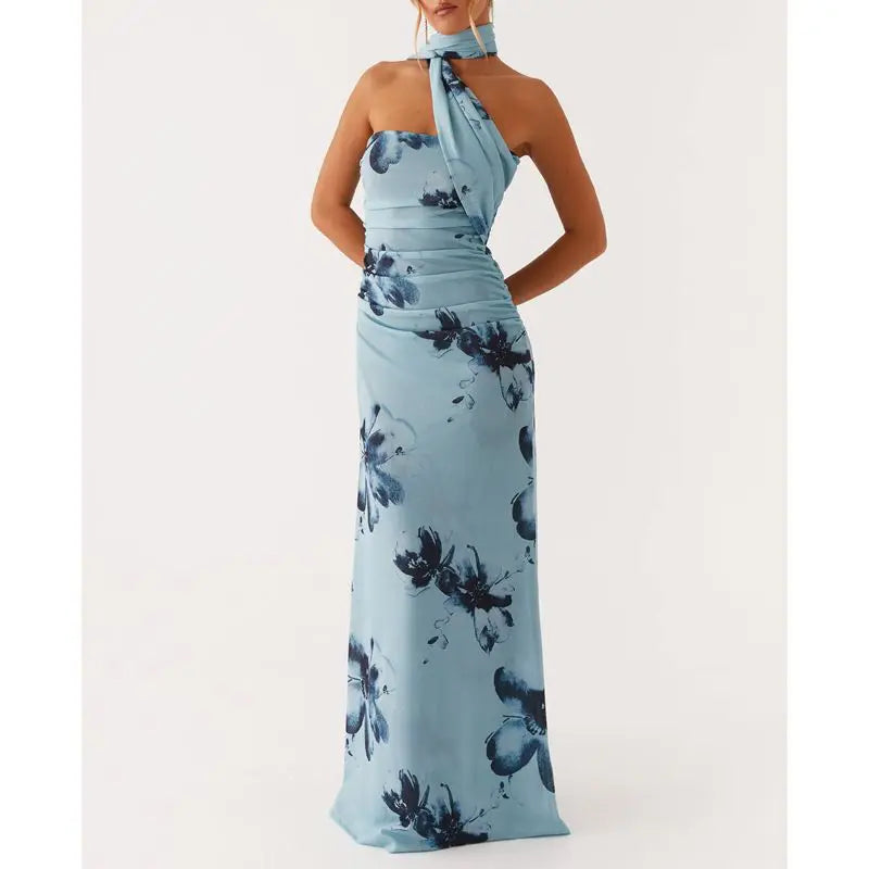 Combhasaki Women Straps attached Tube Long Dress Floral Print/Solid Summer Backless Casual Strapless Sundress with Choker Scarf