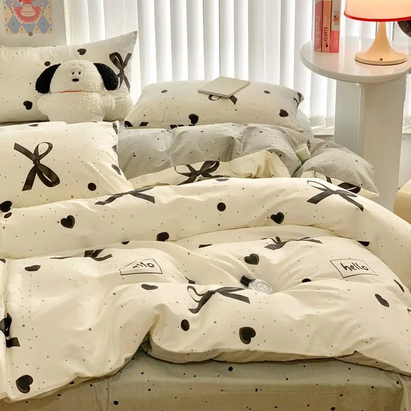 Ins Black Bowknot Bedding Set Polyester Bed Flat Sheet Duvet Cover Twin Full Queen Princess Style Bed Linen Girls Quilt Cover