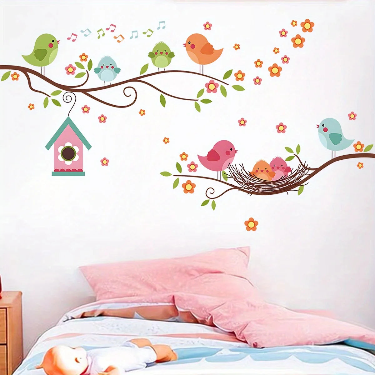 Cartoon Cute Bird Family Branch Flower Animal Wall Stickers Removable for Bedroom Living Room Foyer Decoration Wall Decals