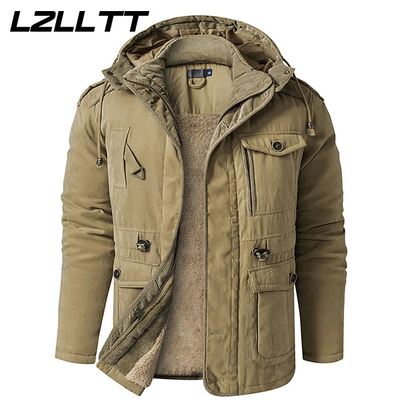 LZLLTT Men Winter Warm Parkas Mens Fleece Detachable Hat Jacket Parkas Men Casual Cotton Outdoor Fur Trench Padded Jackets Coats