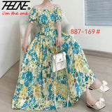 THHONE Summer Dress Women Cotton Linen Floral Vintage Oversized Korean Vestido Feminino Print Robe Off-Shoulder Casual Dresses
