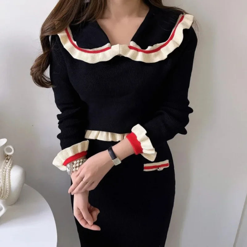 Elegant Women's Fashion Set Korean Style Ins Age-reducing High-end Feel Doll Neck Topbagged Skirt 2-piece Set