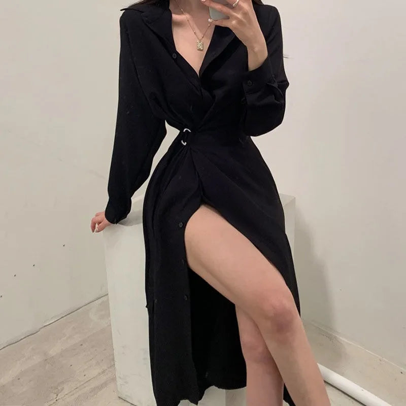 Dresses Women Single Breasted Classy Turn-down Collar Defined Waist Chic Female Vestidos Popular Daily Spring Autumn Ulzzang
