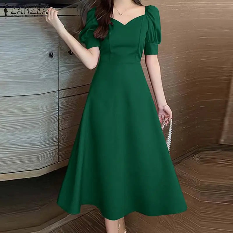 ZANZEA Elegant Waist Party Dresses Vintage Evening Dress Women Puff Short Sleeve A-line Robe 2024 Summer Wedding Midi Vestidos