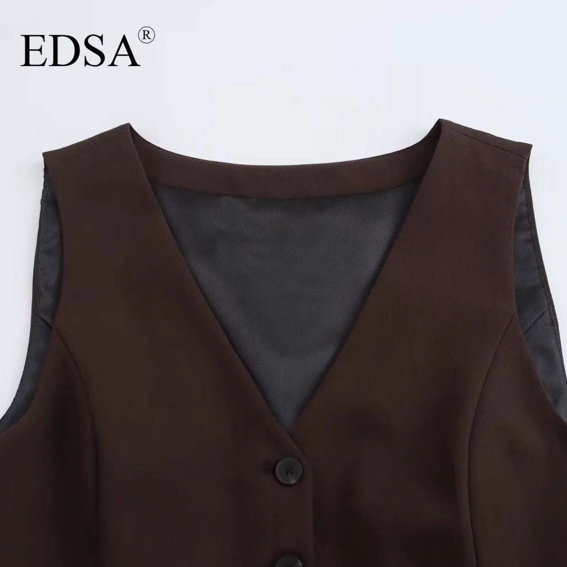 EDSA Women Brown Waistcoat with Side Vents Single Breasted Sleeveless V-neck Vest for Female Top