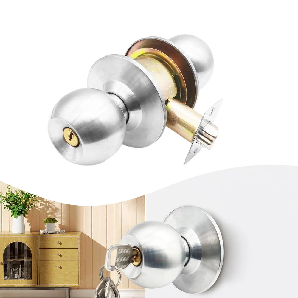 Door Knob with Lock Stainless Steel Front Door Lock Set Lightweight Round Ball Handle Burr-free Interior Door Knobs with 3 Key