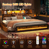 King Size Bed Frame with Charging Station 4 Storage Drawers RGB LED Lights 3 Tier & 2 Cabinets Storage Headboard with Hidden