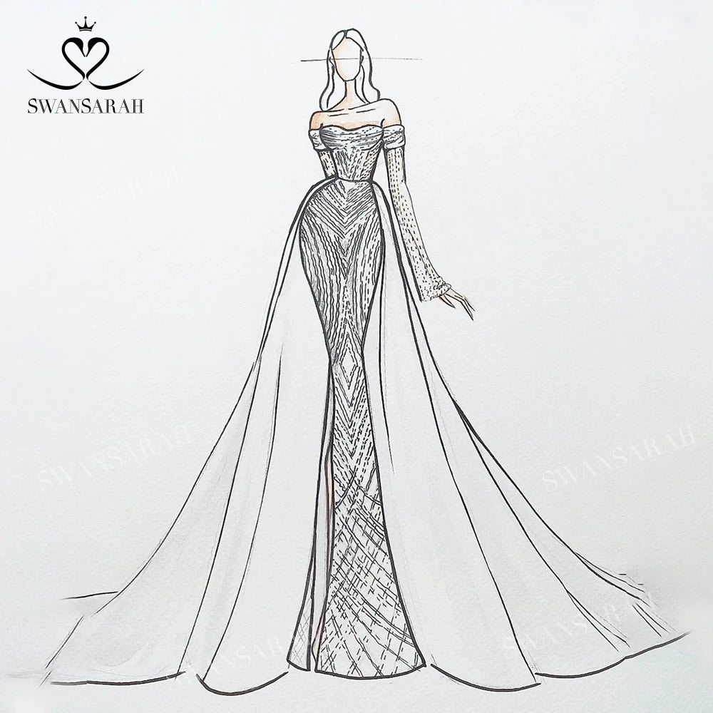 Long Sleeve Wedding Dress 2024 Beading Split Mermaid Detachable Train Princess Bride Gown SwanSarah W231 Custom Vestido De Novia