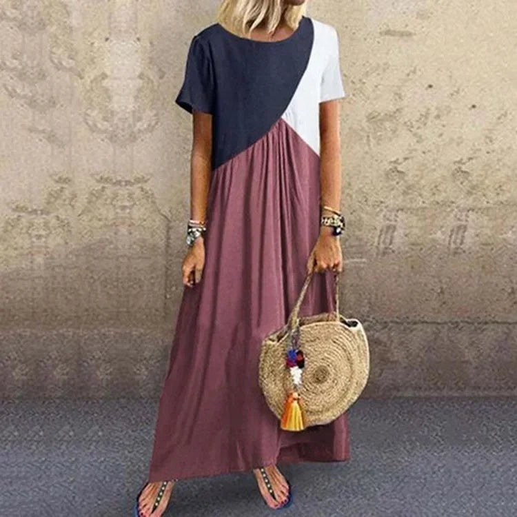 Women Bohemian Geometric Stitching Patchwork Contrast Short-sleeve Boho Dress Casual Long Maxi Beach Dresses Large Size