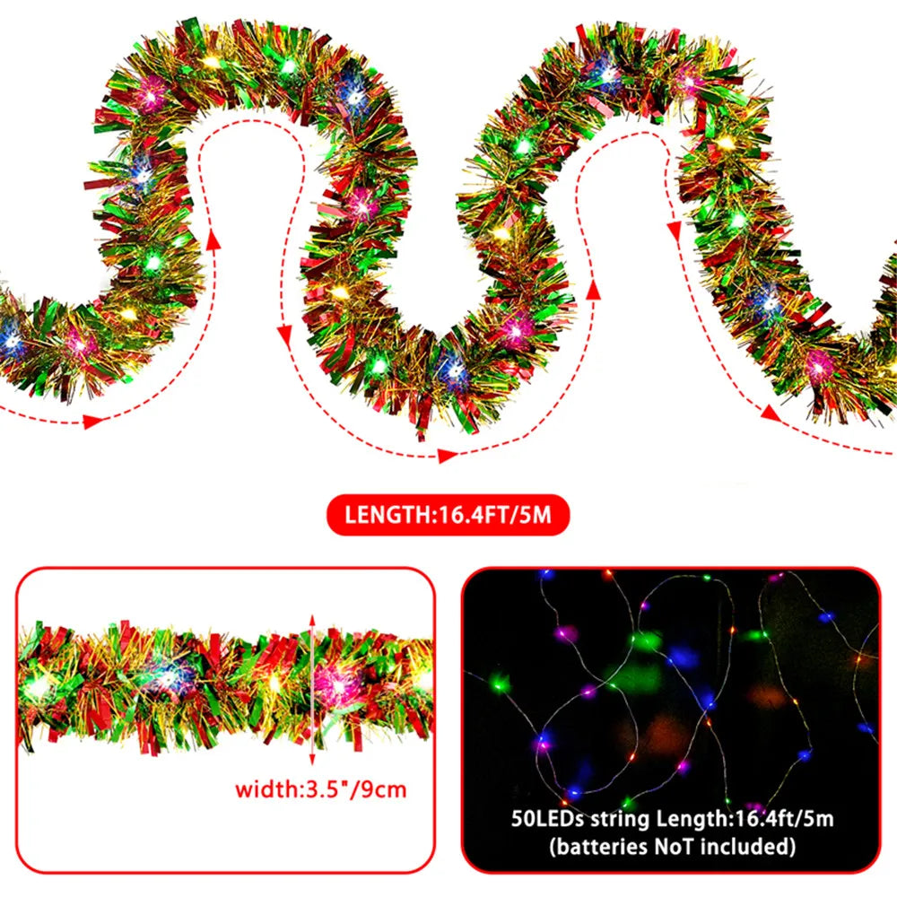 New year 2025 Christmas Garland - 16 Ft Metallic Shiny Tinsel with LED Lights for Tree Decoration - Indoor Outdoor Xmas Party