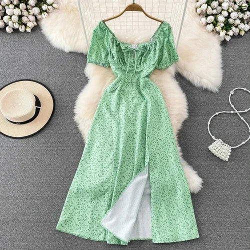 Summer Vintage Dress Blue Floral Summer Bubble Sleeve Tie Up Sexy Dresses Women A-line Print Split Long Dress Elegant Vestidos
