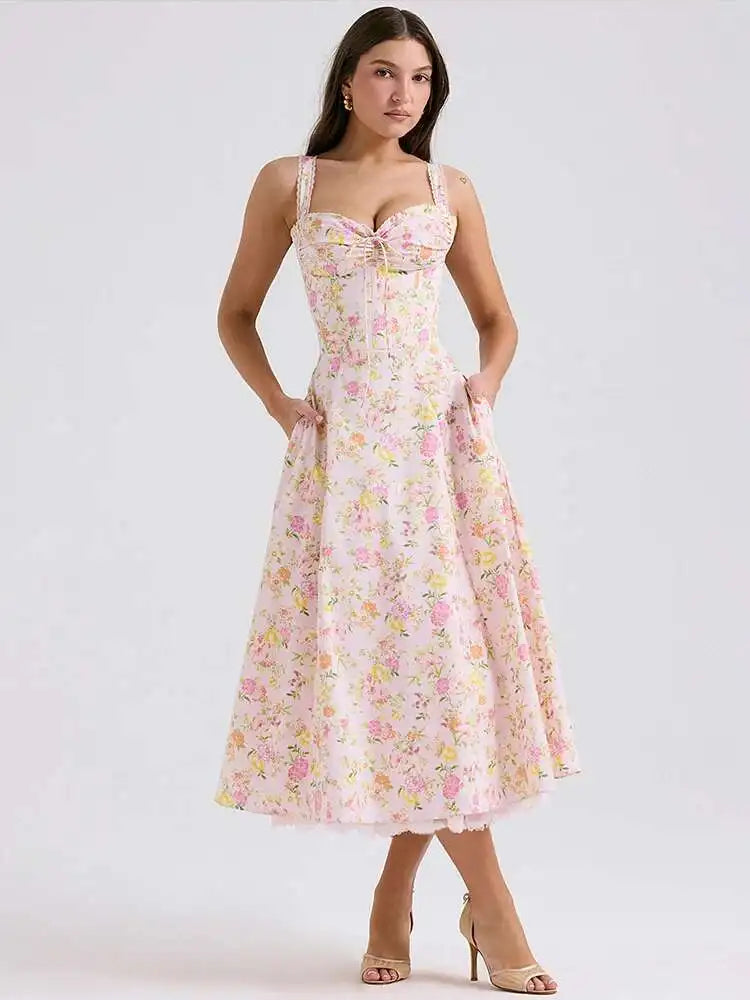 Townlike Waist Wrap Print A-line Midi Long Dress Women Spaghetti Strap 2024 Spring Summer Dress Backless Sexy Party Dresses