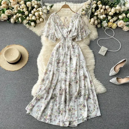Retro Floral Print Ruffle Chiffon Elegant Midi Dress A-line V Neck Beach Vacation Dress Women Korean Fashion Summer Vestidos