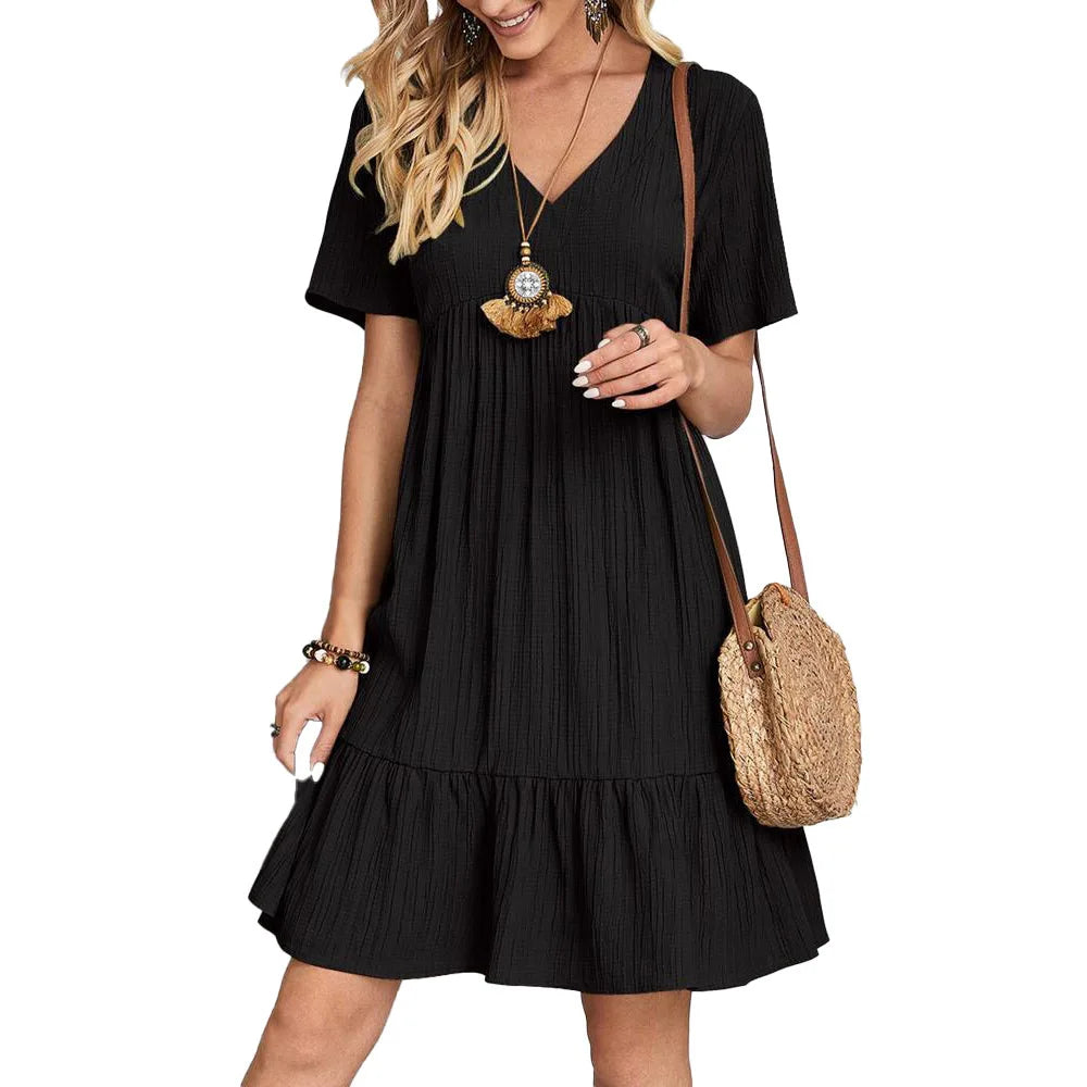Women V Neck Short Sleeve Pleated Loose Dress Summer Fashion Solid Baggy Solid Party Dresses FYY-894