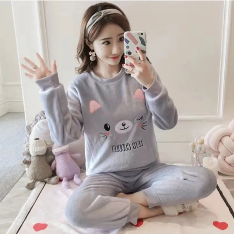 Thickened Warm Flannel Autumn and Winter Pajamas Loungewear Female Cute Cartoon Sleepwear Homewear Coral Velvet Nightwear