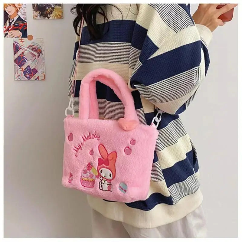 Hello Kitty Cute Bag Women Plush Shoulder Bag Kuromi Cinnamoroll Melody Purses Handbags Sanrio Kawaii Mini Kids CartoonBag Gifts