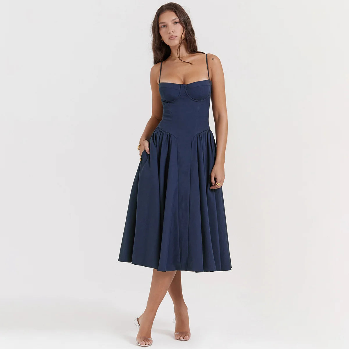 Summer Women Elegant Sleeveless Backless Pleated Dresses Lady Sexy Solid Sling Midi Dress 2024 Female Party Evening A-line Robes