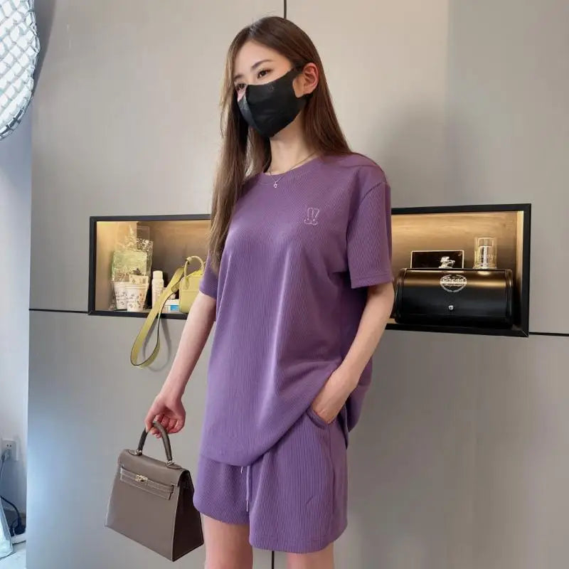 Casual Short Sleeved Shorts Set for Women's Solid Simple Loose Elastic Waist Tracksuit Thin Korean Loose Two-piece Trendy Set