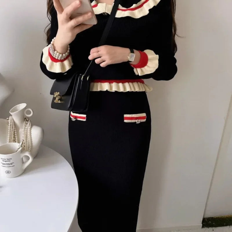 Elegant Women's Fashion Set Korean Style Ins Age-reducing High-end Feel Doll Neck Topbagged Skirt 2-piece Set