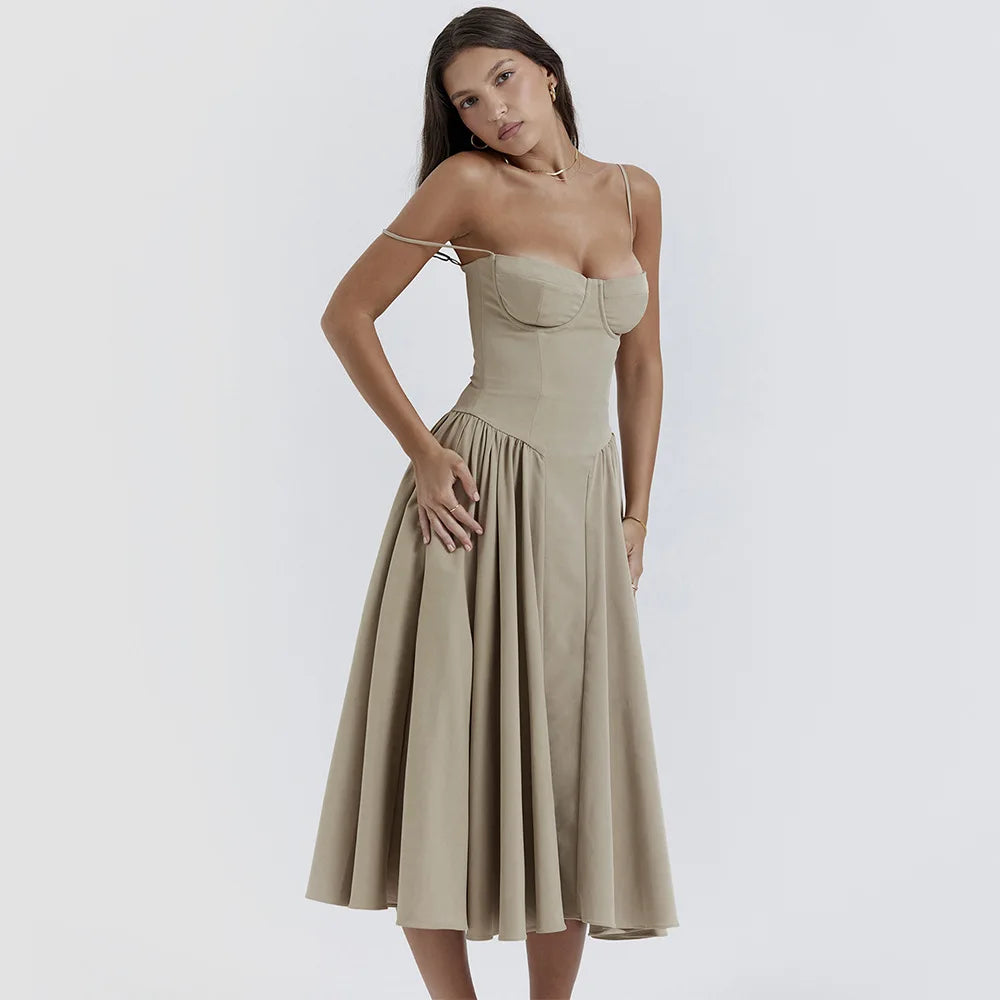 Summer Women Elegant Sleeveless Backless Pleated Dresses Lady Sexy Solid Sling Midi Dress 2024 Female Party Evening A-line Robes