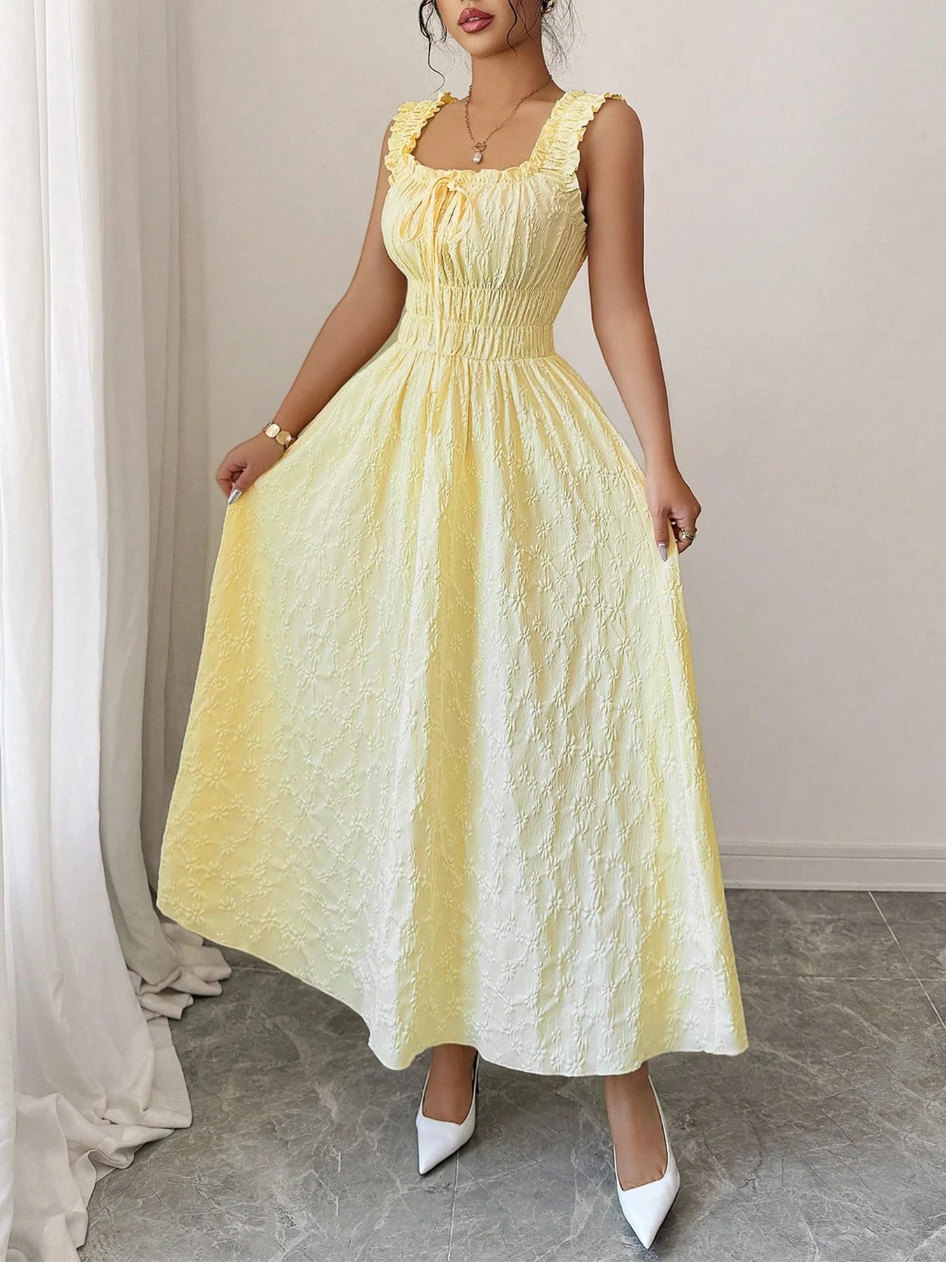 Vacation Essential Yellow Smocked Midi Dress, Chic Beach Party Date Night Dress