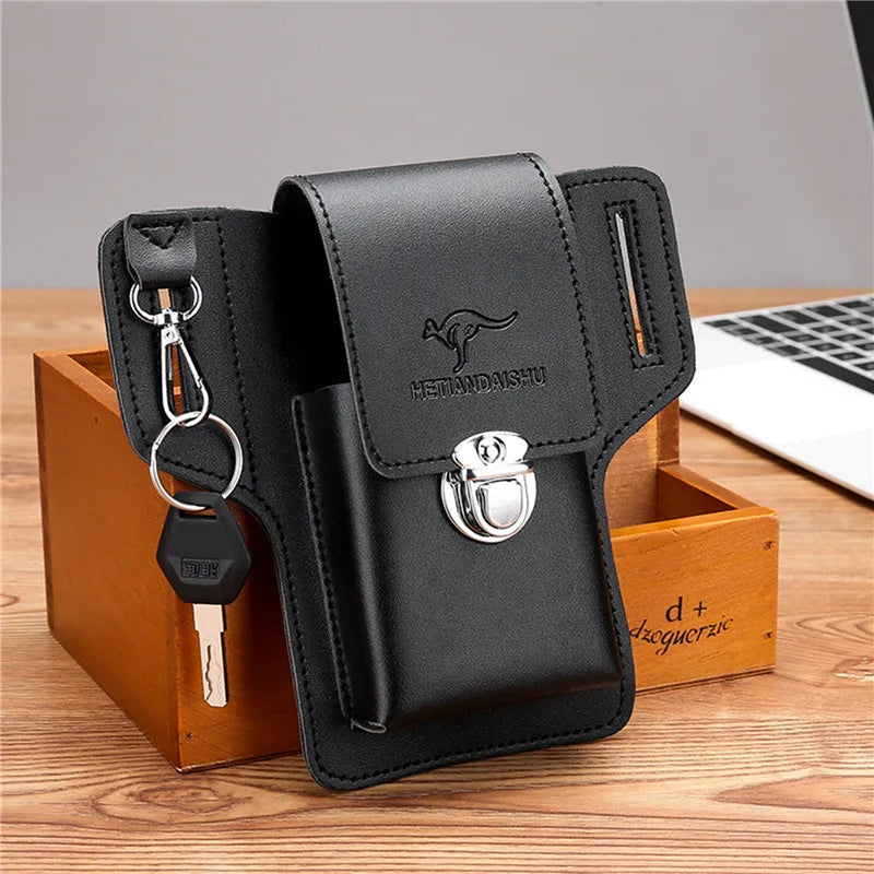 men's Mini Waist Pack Multifunctional PU Leather Key Bag With Belt Male Waist Bags Cell Phone Loop Holster Phone Pouch Wallet