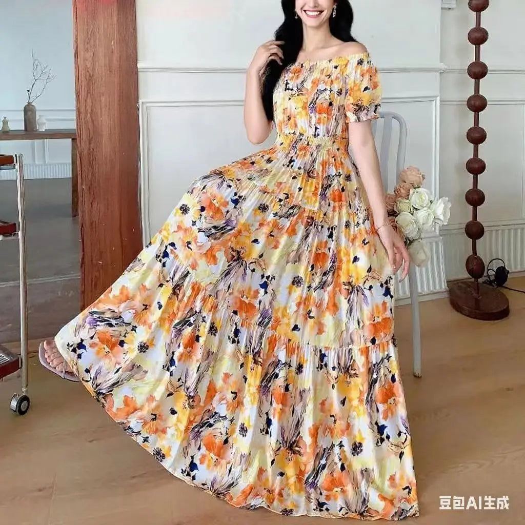 THHONE Summer Dress Women Cotton Linen Floral Vintage Oversized Korean Vestido Feminino Print Robe Off-Shoulder Casual Dresses