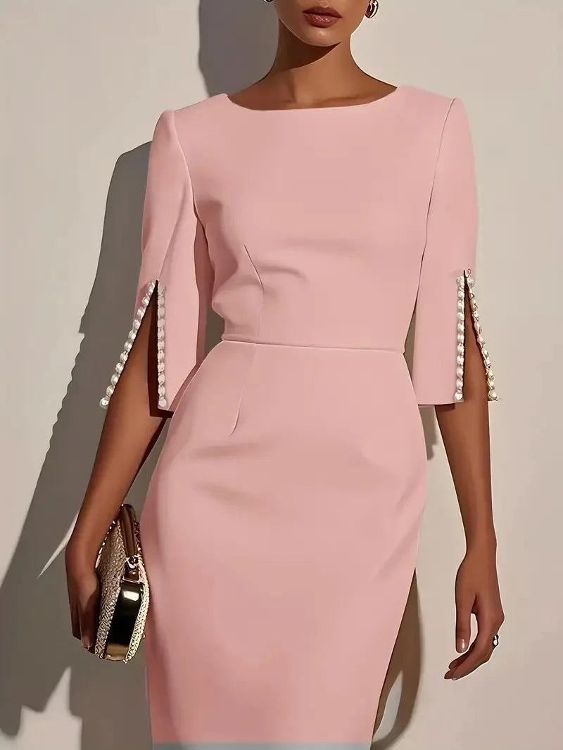 Elegant Round Neck Half Sleeved Beaded Mid Length Dress New Spring Summer Solid Color Commuting Slim Fit Dress Women's Wear