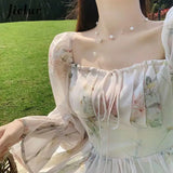 Jielur New Fashion Women Long Sleeved Chiffon Dresses Vintage Sweet Lace Up Women's Square Neck Long Bubble Sleeve A-line Dress