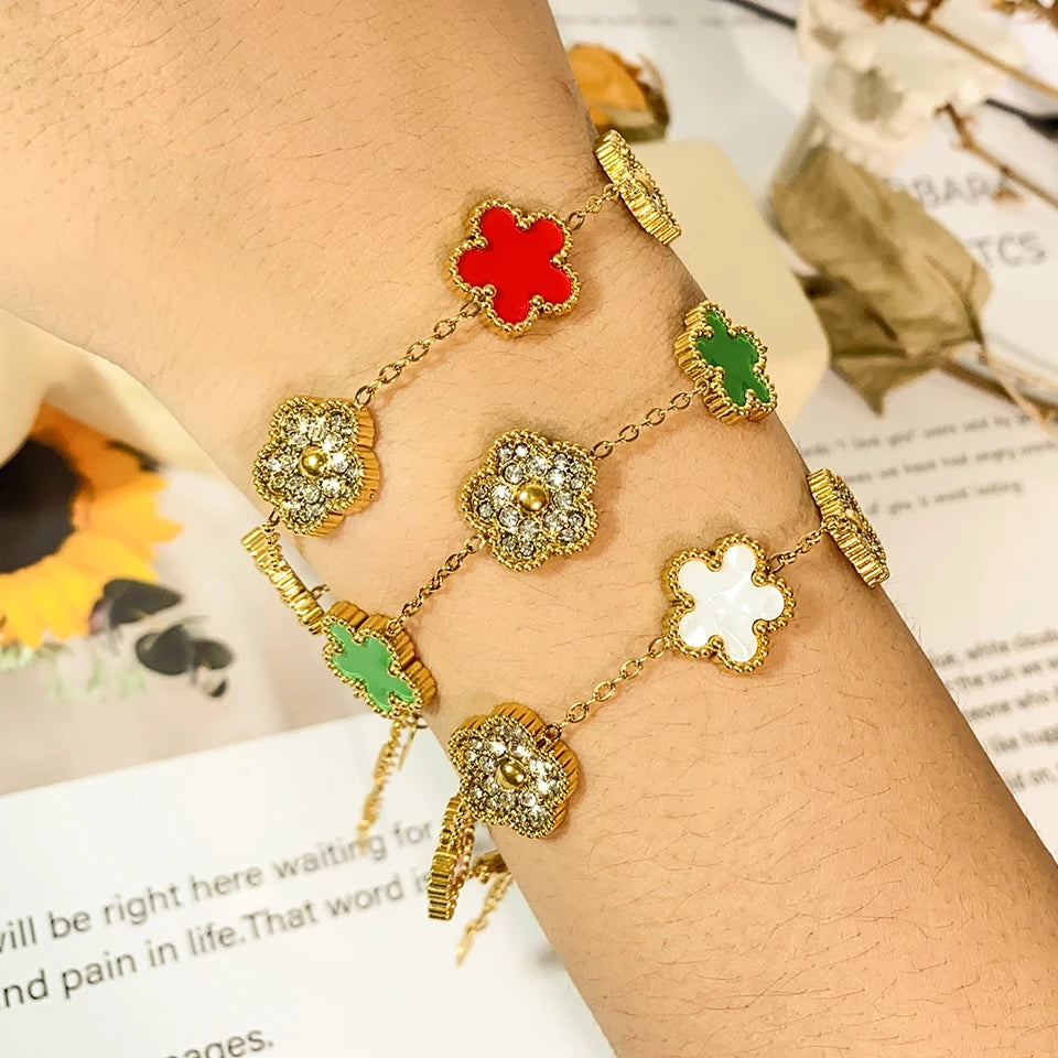 ZAKOL Cute Romantic Lucky Five Leaf Clover Flower Bracelets For Women Girls Gold Color Y2K Chain Link Wristlet Jewelry Gifts