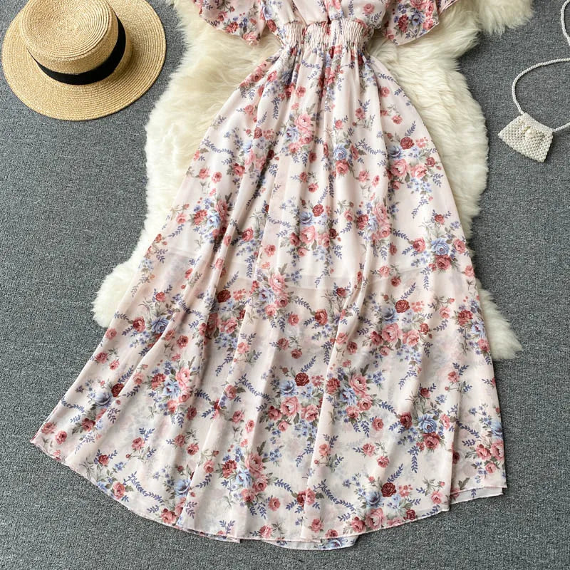Retro Floral Print Ruffle Chiffon Elegant Midi Dress A-line V Neck Beach Vacation Dress Women Korean Fashion Summer Vestidos